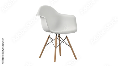 Tableau sur toile White molded plastic armchair with wooden dowel legs, isolated on transparent ba