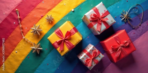 Colorful presents arranged on a rainbow, aerial shot , cheerful, graphic