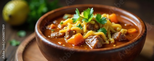 Hearty beef and cheese Caldo in rustic wooden bowl , cilantro, comfort food, tomato