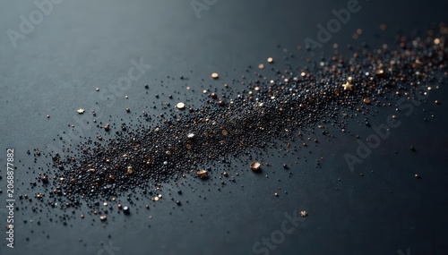 Intense black glitter on dark gray paper, metallic sheen , shimmer, texture, metallic