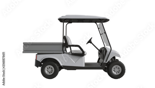 White utility golf cart with grey cargo bed, isolated on transparent background