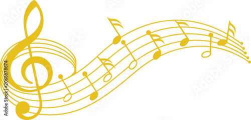 Obraz na płótnie Golden musical staff with treble clef and flowing notes creating an elegant melody design