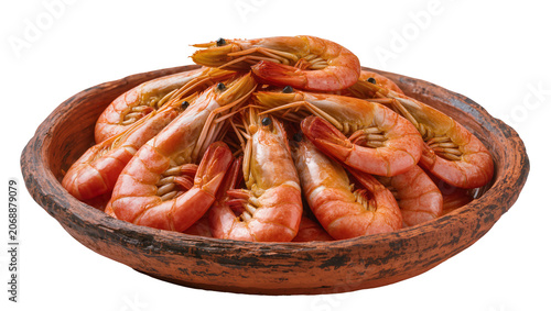 Cooked pink shrimp piled high in a rustic clay bowl, isolated on transparent background
