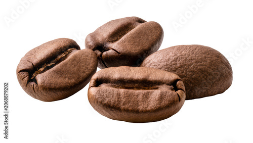 Four roasted coffee beans with rich brown color, isolated on transparent background