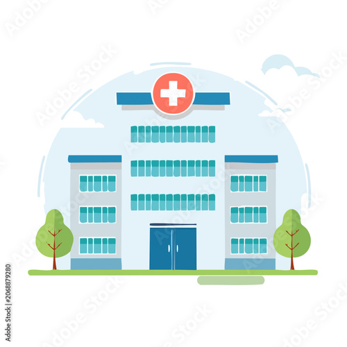 Flat illustration of a hospital building with medical cross