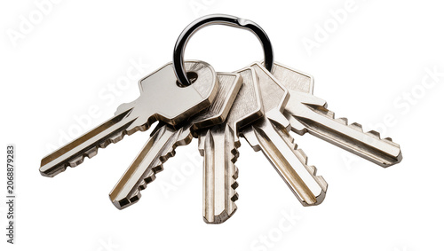 Set of silver metal keys on a ring, isolated on transparent background