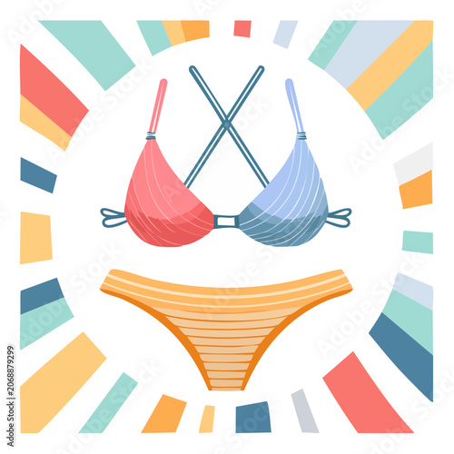 Flat illustration of a colorful bikini set with geometric background