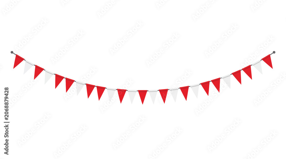 Obraz premium Wavy line of red and white pennant flags for national holiday and party decoration.