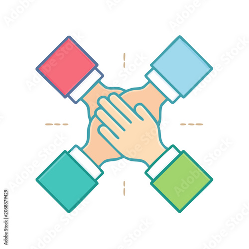 Four hands in a handshake, flat vector illustration