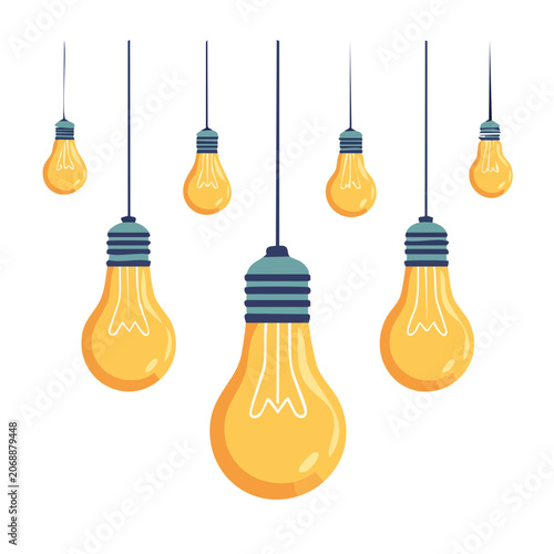 Group of hanging light bulbs in flat design style