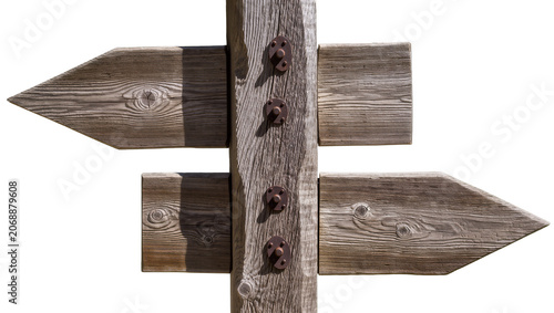 Weathered wooden directional signpost with four arrow-shaped planks, isolated on transparent background