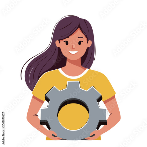 Woman holding large gear illustration