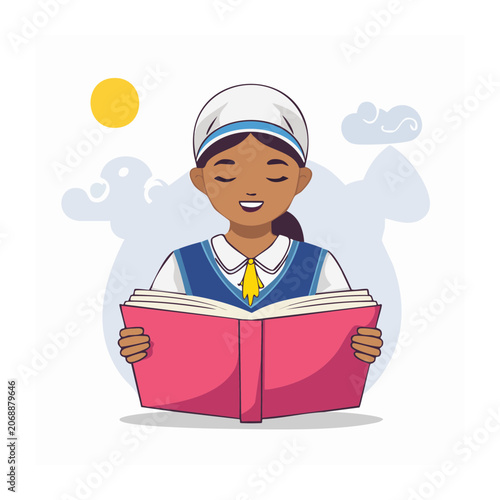 Young girl happily reading a book outdoors