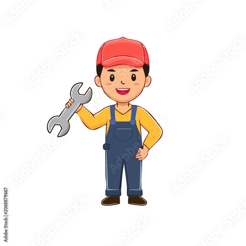 Cartoon mechanic holding wrench in overalls and cap