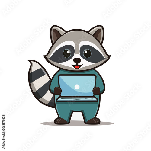 Cartoon raccoon holding a laptop
