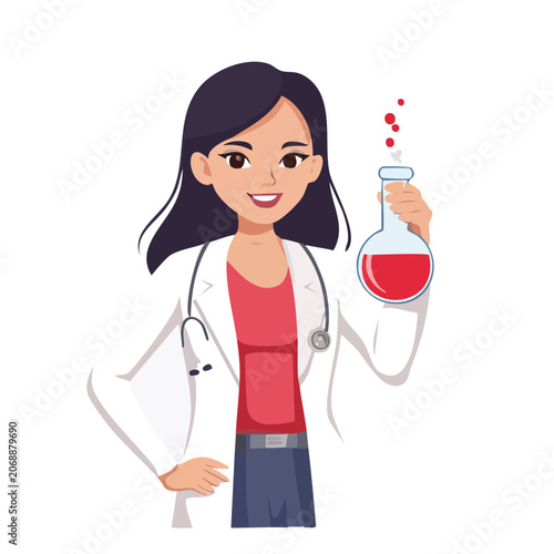 Cartoon Female Scientist Holding Flask