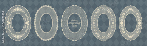 Floral oval lace frame collection. Vintage cottagecore elegant lace doilies with flower, rose, bow, polka dot pattern. Classic embroidery crochet borders with squiggle shapes for scrapbook, collage.