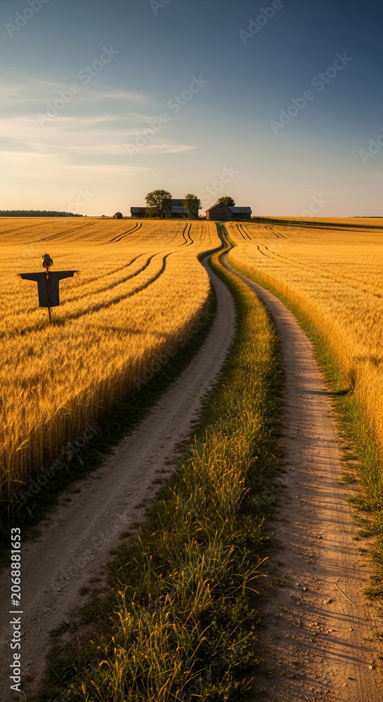 Fototapeta premium A dirt road winds through a golden wheat field towards distant farm buildings under a clear sky, symbolizing agriculture and rural life