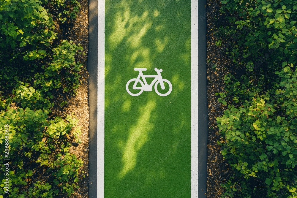 Naklejka premium Aerial view of a green bike lane with a white bicycle symbol, bordered by dense foliage and sunlit shadows.