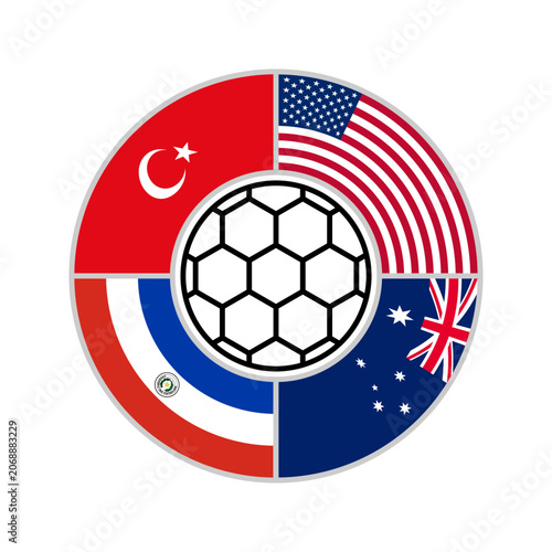 circle icon of turkey, usa, australia and paraguay flags. football concept. vector illustration isolated on white background