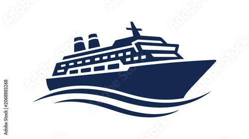 Minimal monochrome flat vector icon of a modern cruise ship sailing on simple wave lines, clean geometric structure, recognizable vacation transport symbol
