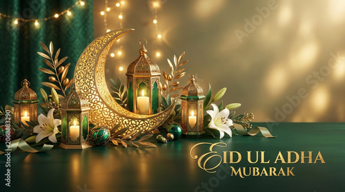 Golden crescent moon and traditional Arabic lanterns in elegant green and gold for Eid Ul Adha celebration blogs, Muslim holiday greeting cards, and religious event banners