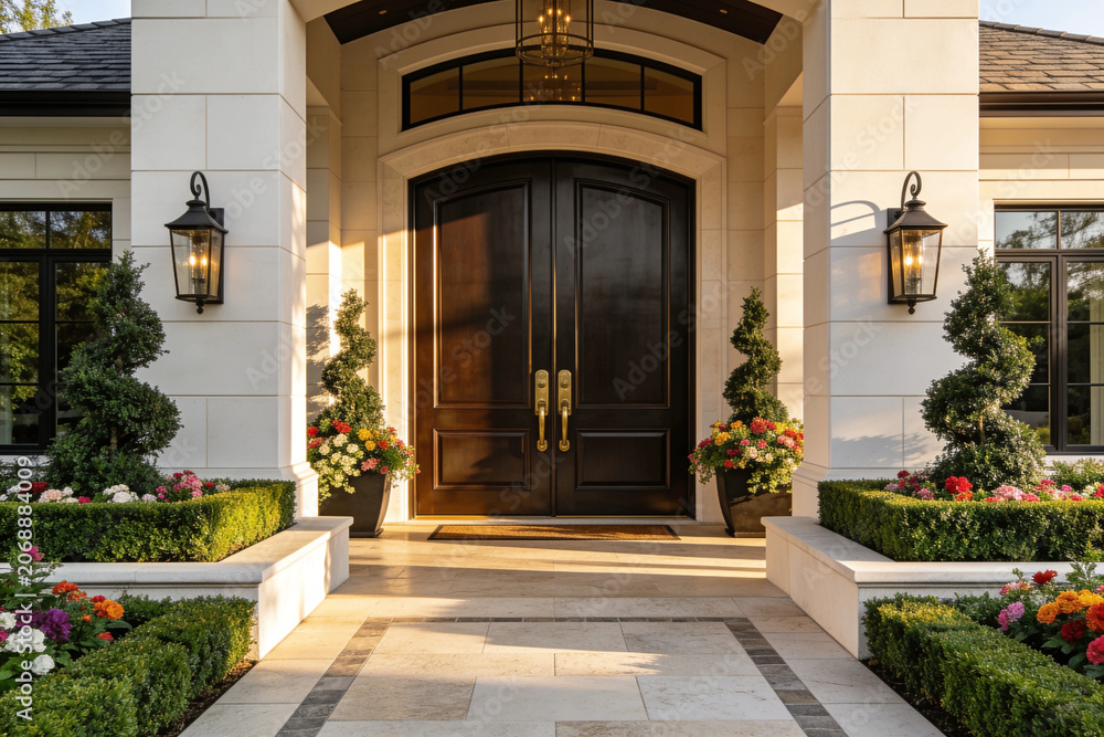 Fototapeta premium Elegant Luxury Home Entrance with Landscaping and Double Front Doors