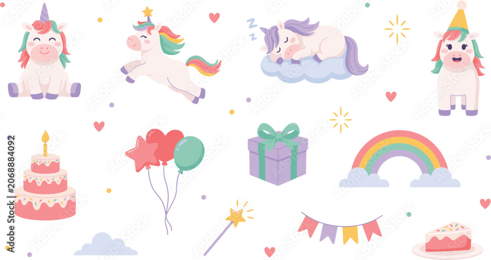 Obraz premium Cute Unicorn Birthday Party Vector Element Set with Magic Horses, Rainbow, Birthday Cake, Balloons, Gifts, and Garlands for Children Invitation Designs