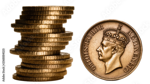 Schilderij op canvas Stack of golden coins and a single coin with king s profile, isolated on transpa