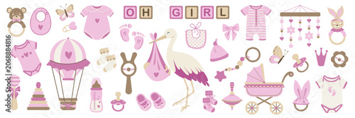 Cuadro en lienzo Hand drawn baby girl pink nursery elements set