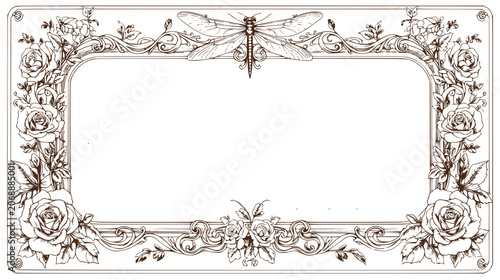 Vintage decorative frame with floral elements and a cute dragonfly.