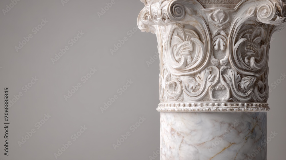 Naklejka premium Architectural detail of a classic white marble column with intricate decorative carvings. Corinthian pillar capital representing history, luxury, and ancient artistic craftsmanship.