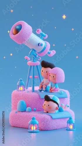 Family Stargazing with Telescope on Pink Platform Night Sky 3D Illustration Parents and Child Astronomy Scene