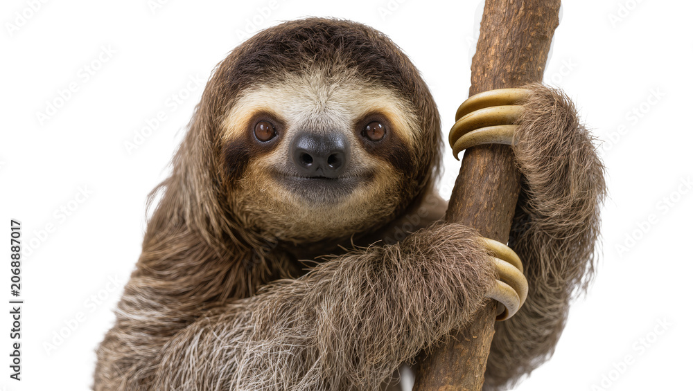 Fototapeta premium Brown-throated sloth clinging to a tree branch, isolated on transparent background