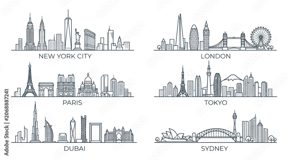 Obraz premium World City Skylines - Famous Landmarks Doodle Art Collection