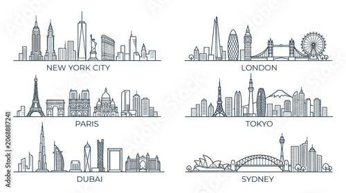 Canvastavla World City Skylines - Famous Landmarks Doodle Art Collection