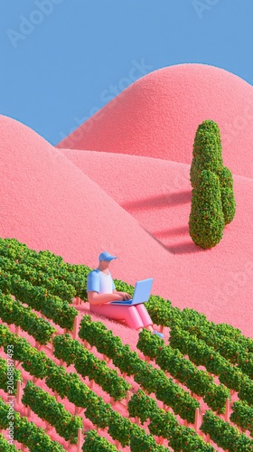 Remote Worker on Laptop Amid Pink Hills and Vineyard Rows, Surreal 3D Landscape Illustration