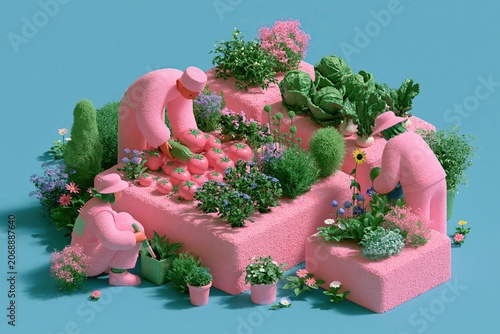 People Harvesting Vegetables in Urban Rooftop Garden, Pink 3D Sustainable Farming Illustration