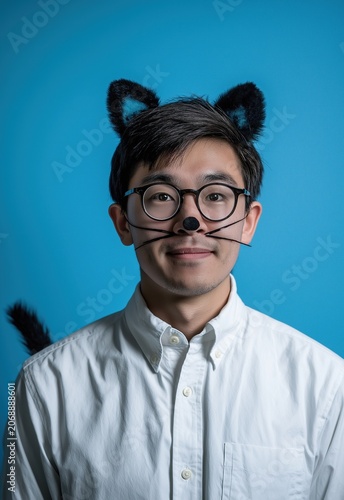 Portrait of Man with Cat Ears Glasses and Face Paint on Blue Background