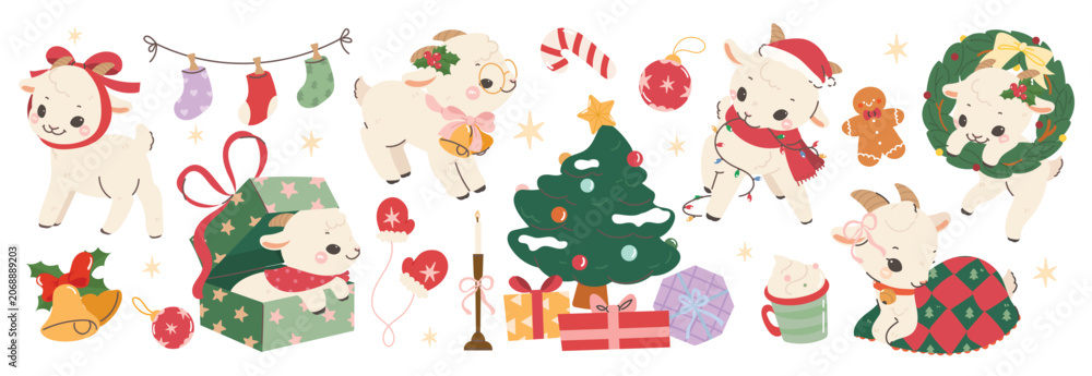 Fototapeta premium Cute goat Christmas and New Year vector set. Kawaii goat characters with festive holiday items, Christmas tree, decorative string lights, gifts, ornaments and happy celebration elements.
