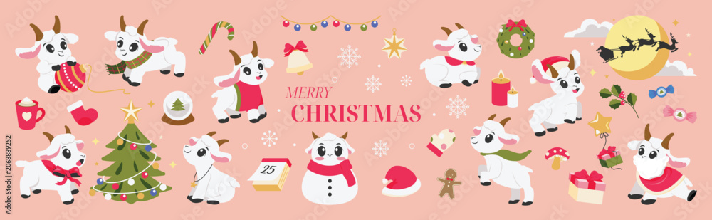 Fototapeta premium Cute goat Christmas and New Year vector set. Kawaii goat characters with festive holiday items, Christmas tree, decorative string lights, gifts, ornaments and happy celebration elements.