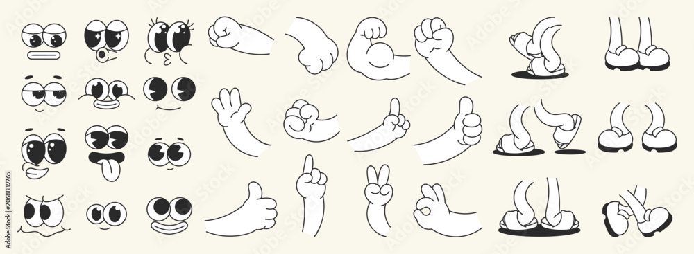 Fototapeta premium Retro cartoon character creator vector set. Funny eyes, hands, arms, legs and feet parts for mascot animation, sticker and comic design.