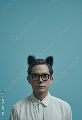 Portrait of Man with Cat Ears Glasses and Face Paint on Blue Background