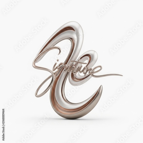 Elegant 3D Metallic Signature Sculpture on White Background.