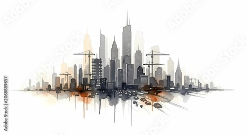 Modern City Skyline Construction Abstract Watercolor Illustration White Background