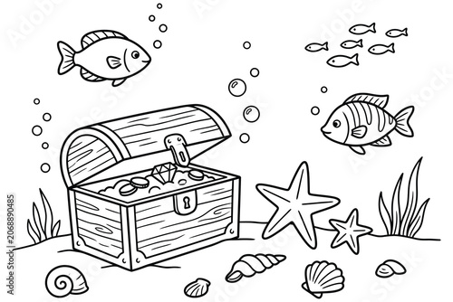 Underwater scene with treasure chest and various sea life coloring page illustration underwater treasure.