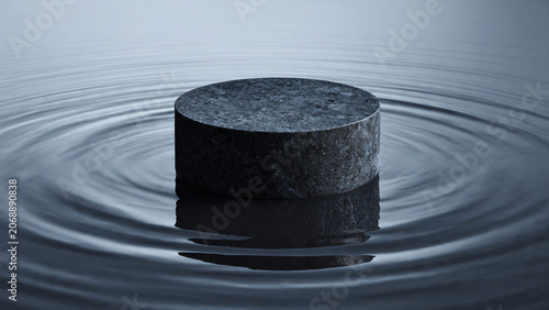 Black stone podium on water surface with ripples, cinematic lighting, dark background.