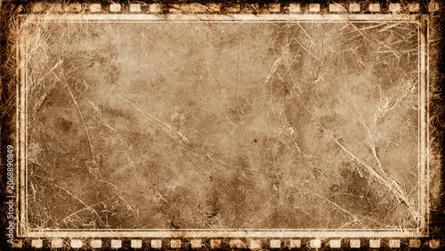 an empty vintage brown film strip background featuring visible scratches, dust textures, and sprocket holes along the top and bottom borders