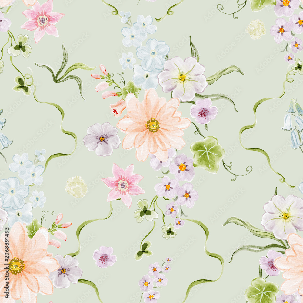 Fototapeta premium Hand Painted Wildflower Garden Seamless Pattern with Pastel Botanical Flowers and Cottage Garden Blooms