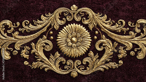 Seamless golden floral mandala pattern on a deep red background.